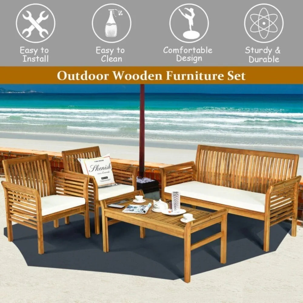 Acacia Wood Outdoor Sofa Set With Cushioned Chairs And Table