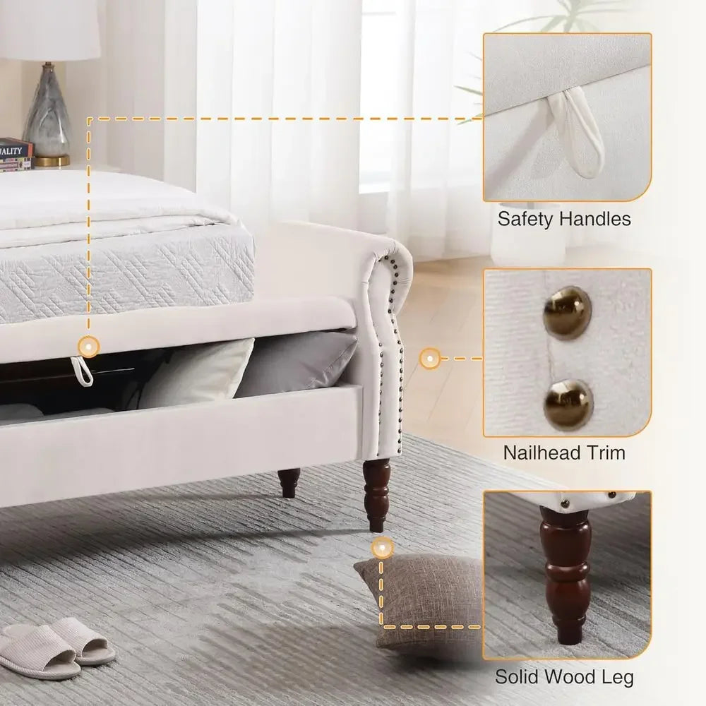 Velvet Storage Bench With Arms Upholstered Ottoman For Bedroom And Living Room