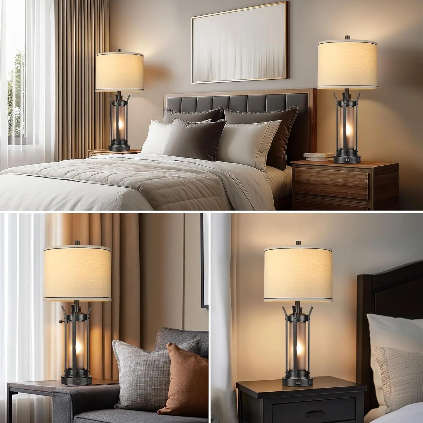 Farmhouse Table Lamps Set of 2 with USB Charging Ports, Frosted Glass Night Light, and LED Bulbs Included in Black