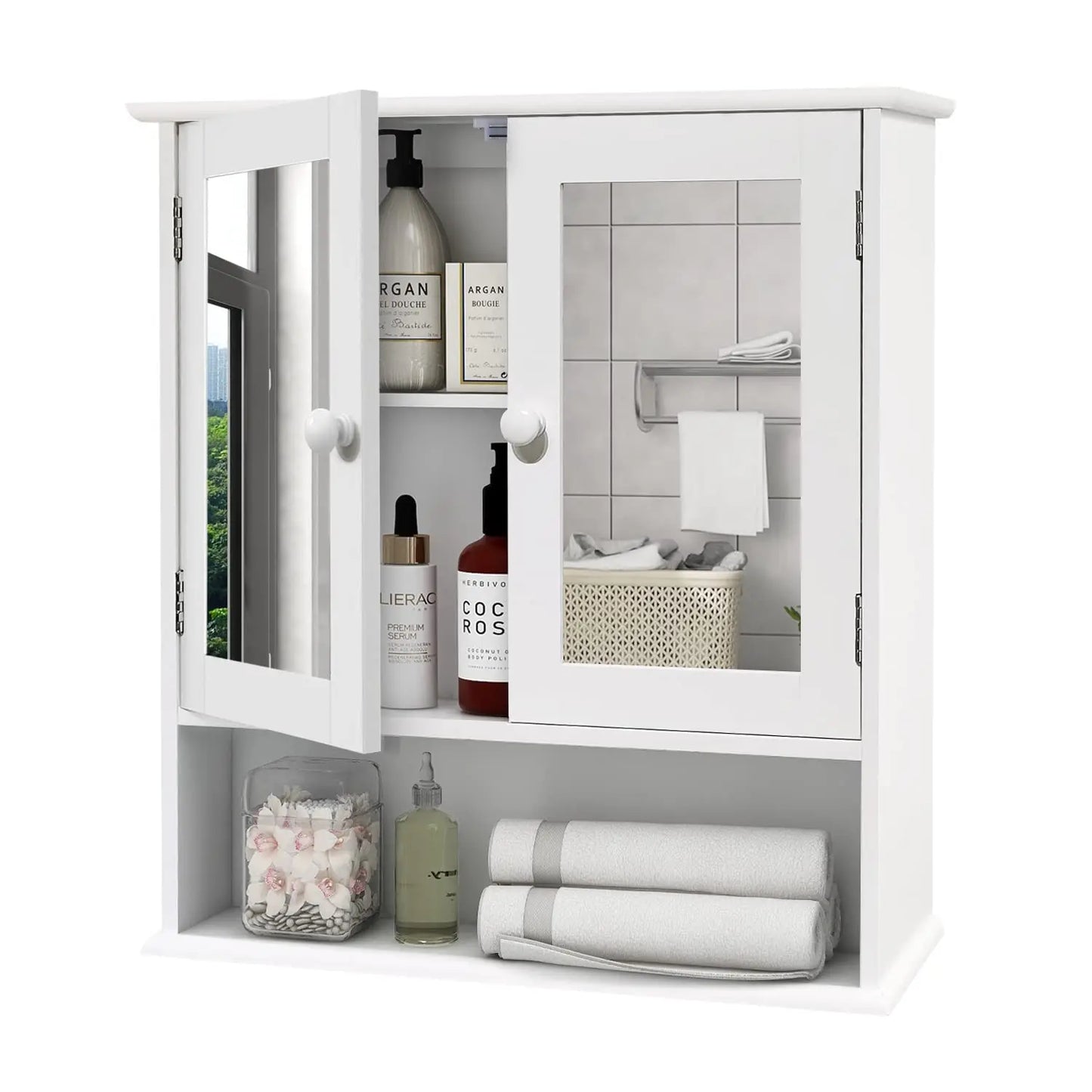 XIUWO Wall Mounted Bathroom Medicine Cabinet With Mirror And Open Shelves