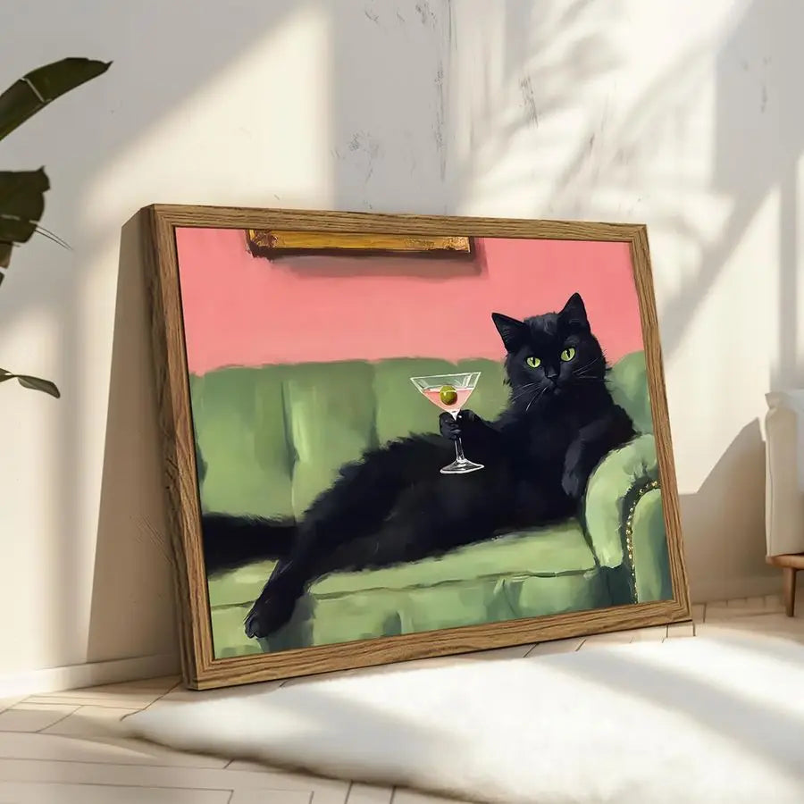 Black Cat Martini Wall Art Eclectic Cocktail Painting Canvas Print
