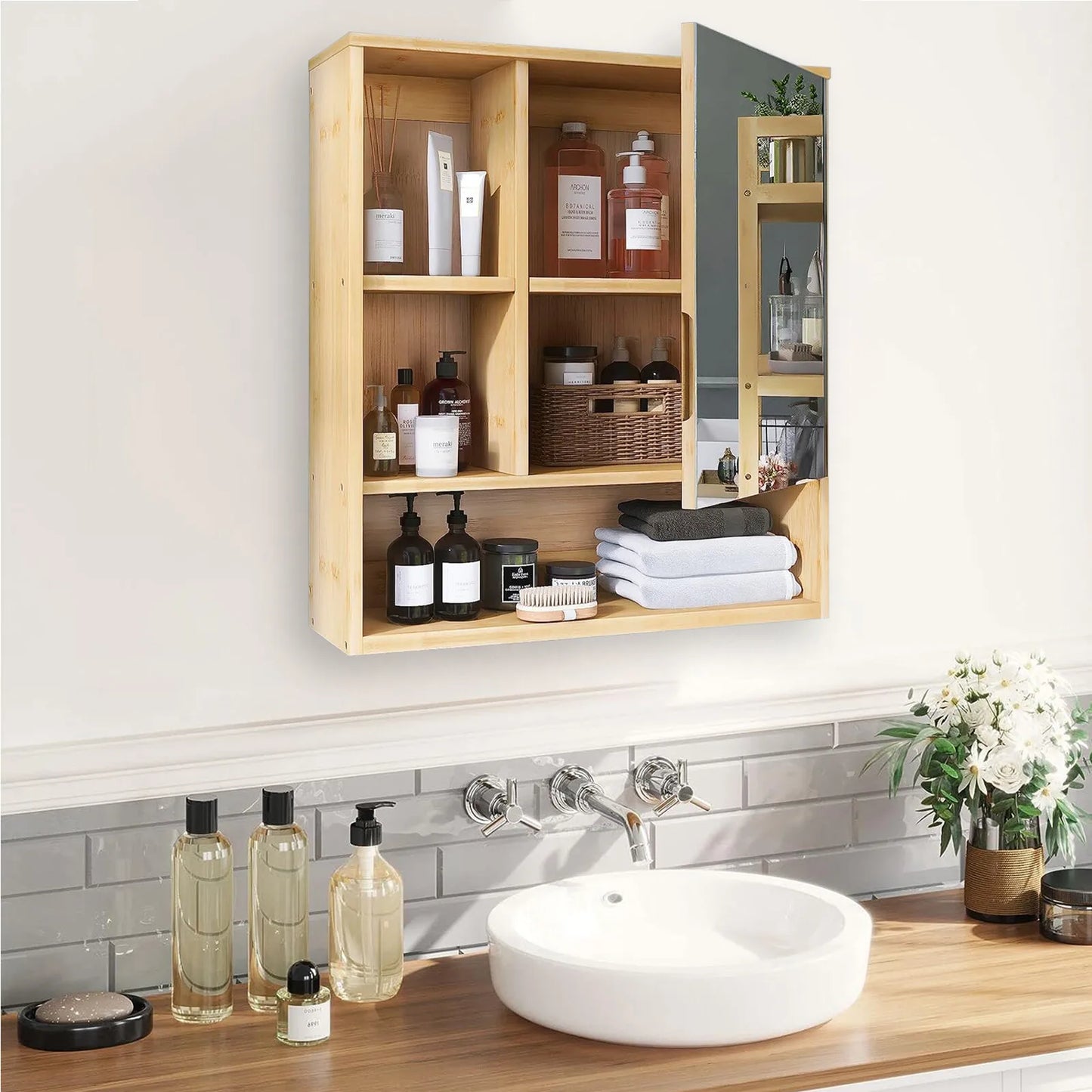 Wall Bathroom Cabinet with Mirror Door Bamboo Medicine Cabinet Storage Organizer