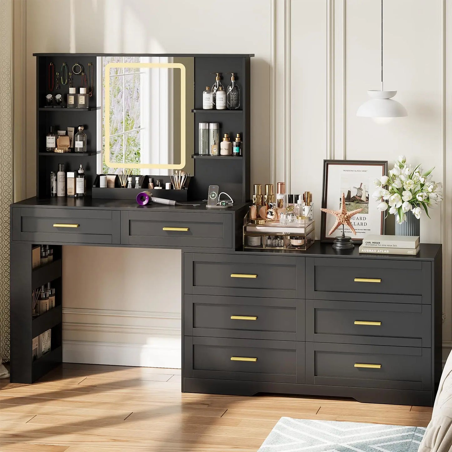 Makeup Vanity Table With Lighted Mirror And Power Outlet