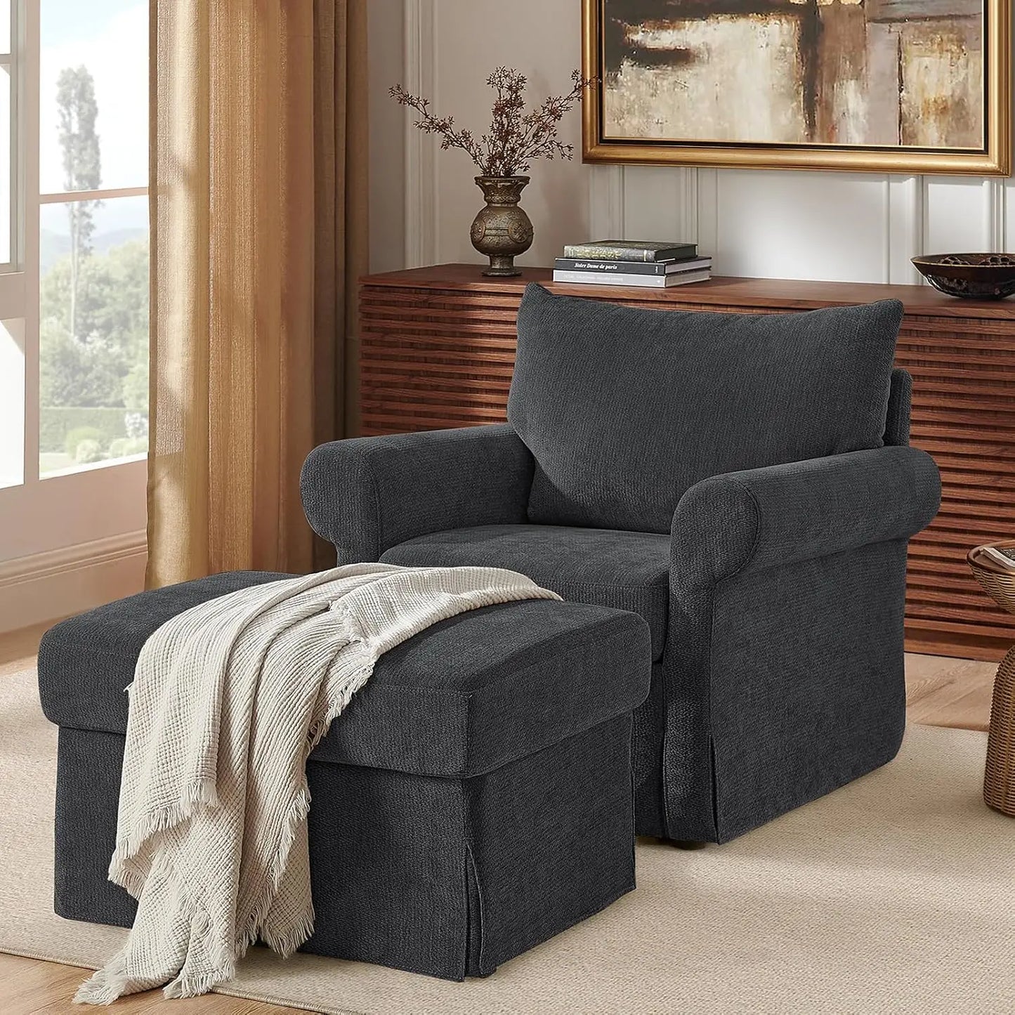 Modern Chenille Accent Chair With Ottoman Reading Armchair Cushion