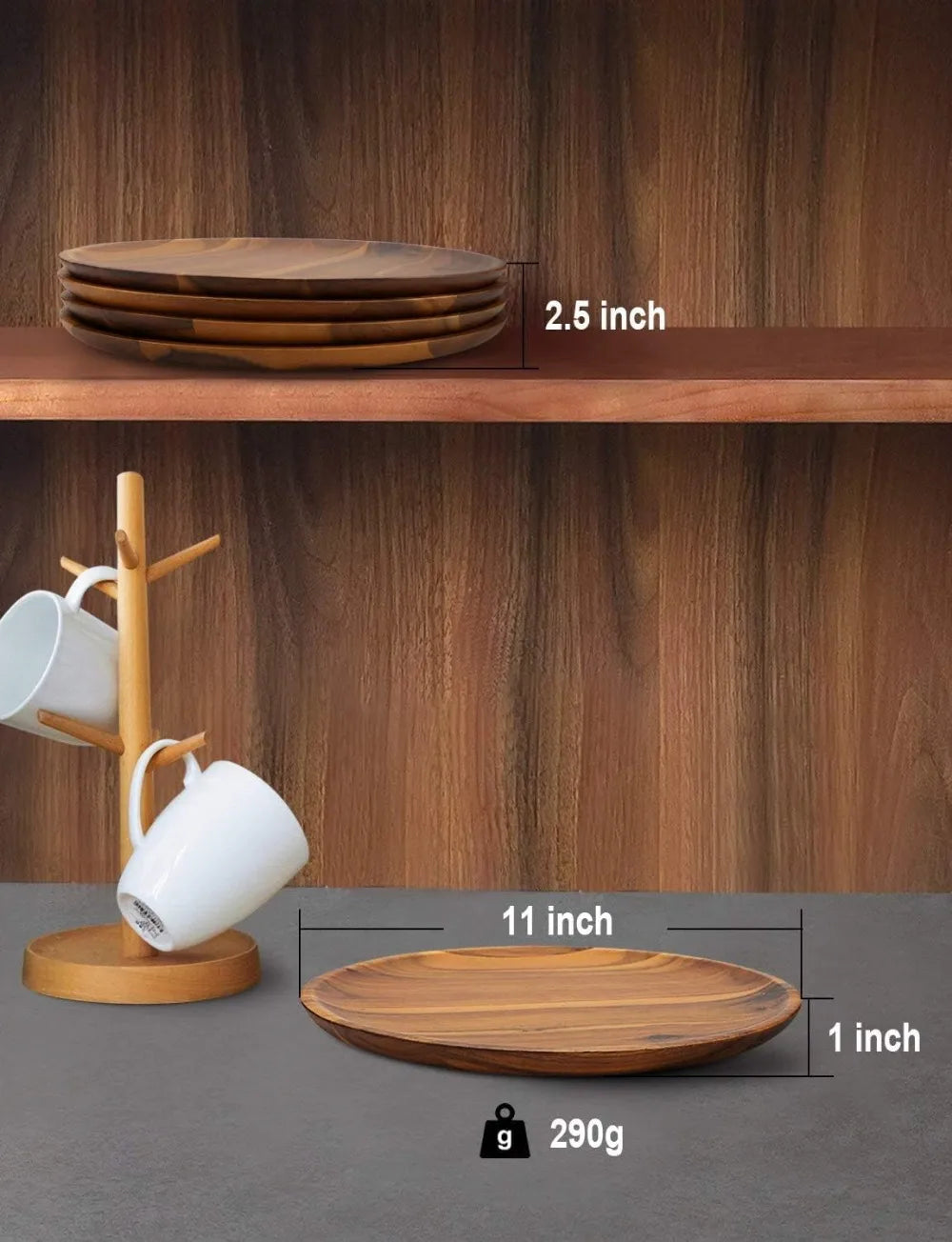 11Inch Acacia Wood Dinner Plates Set of 4, Lightweight & Easy Clean, Unbreakable Classic Plate for Snack, Dessert