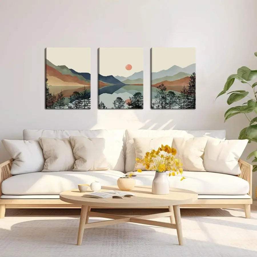 Framed Mountain Canvas Wall Art Abstract Nature Set of 3