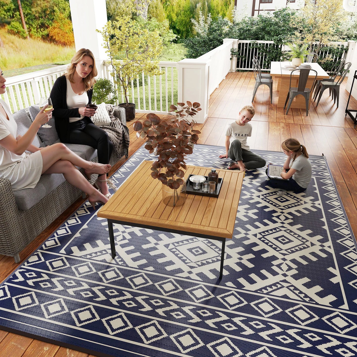 Outdoor Rug, 9' x 12' Floor Mat, Blue White Rhombus Border