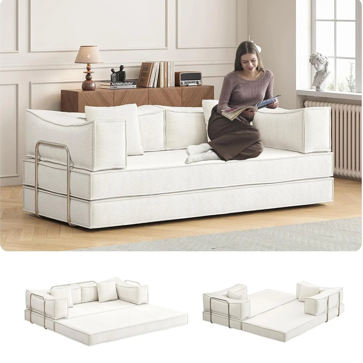 Corduroy Convertible Sofa Bed With Pillows