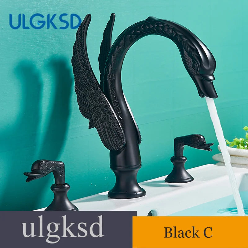 Golden Bathroom Faucet Swan/Bird Shape Basin Faucet Tap Bathtub Faucet Two Crystal Handles Hot Cold Mixer 3-Piece Set Crane