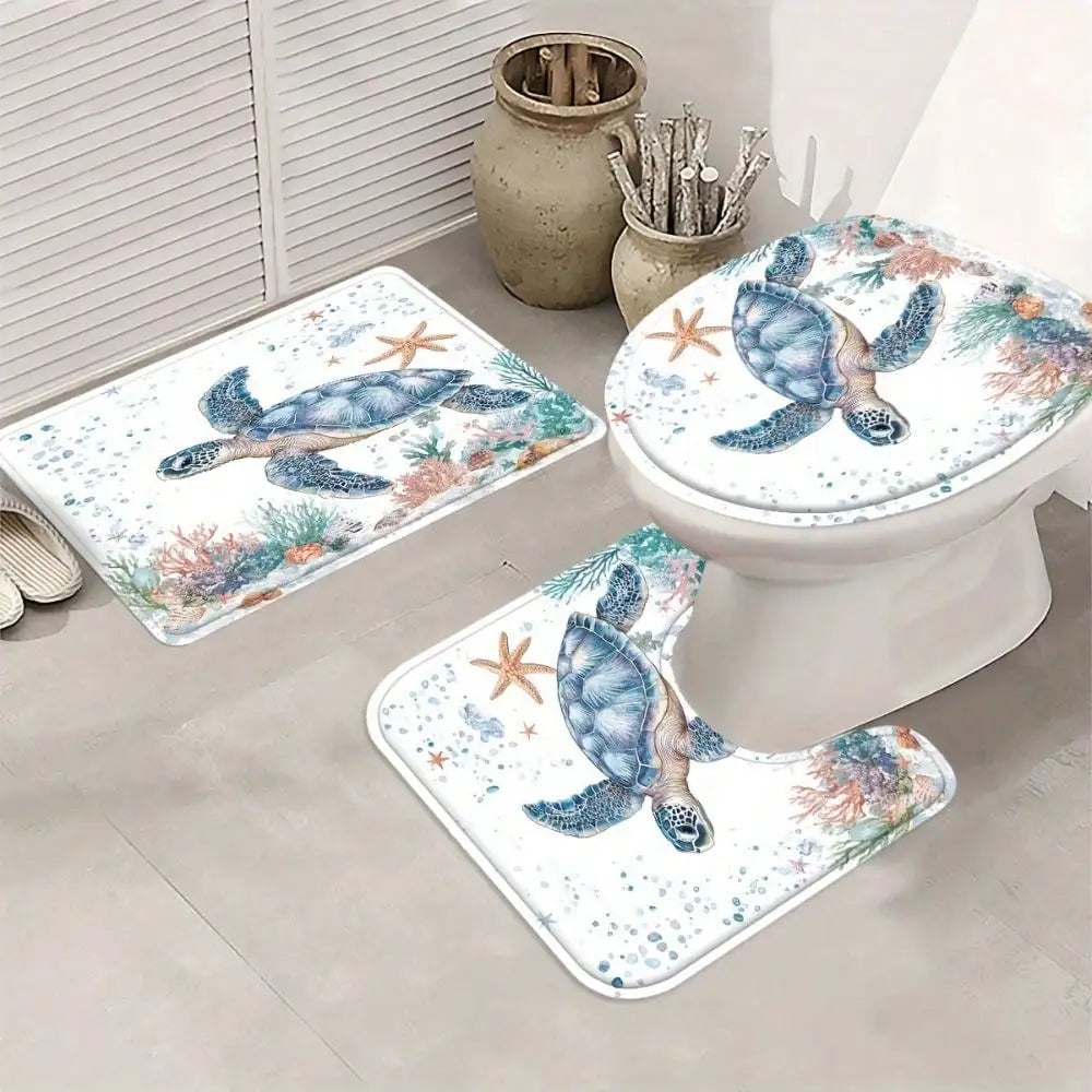 1/3/4PCS turtle-patterned shower curtain set, marine life theme, includes a U-shaped toilet seat cover and 12 hooks, bathroom decoration.