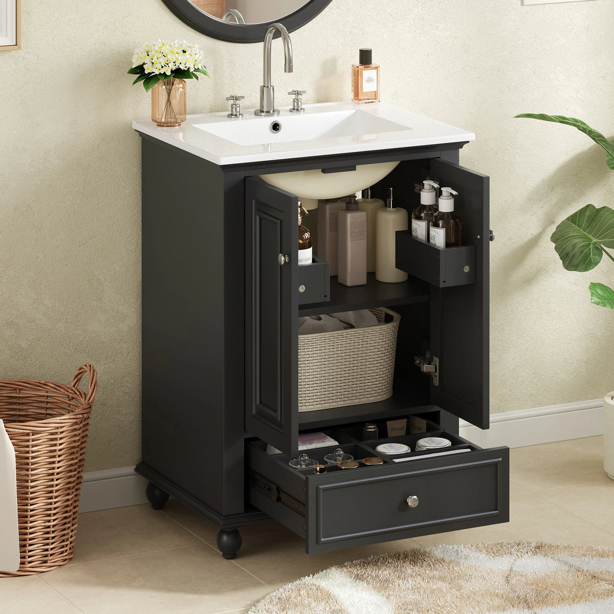 French Vintage Freestanding Bathroom Vanity With Ceramic Sink Storage