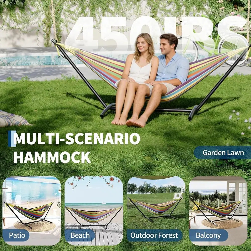 2 Person Hammocks with Stand or Outside, Double Hammocks Portable Space Saving Heavy-Duty Steel Stand or Indoor Outdoor Patio wi