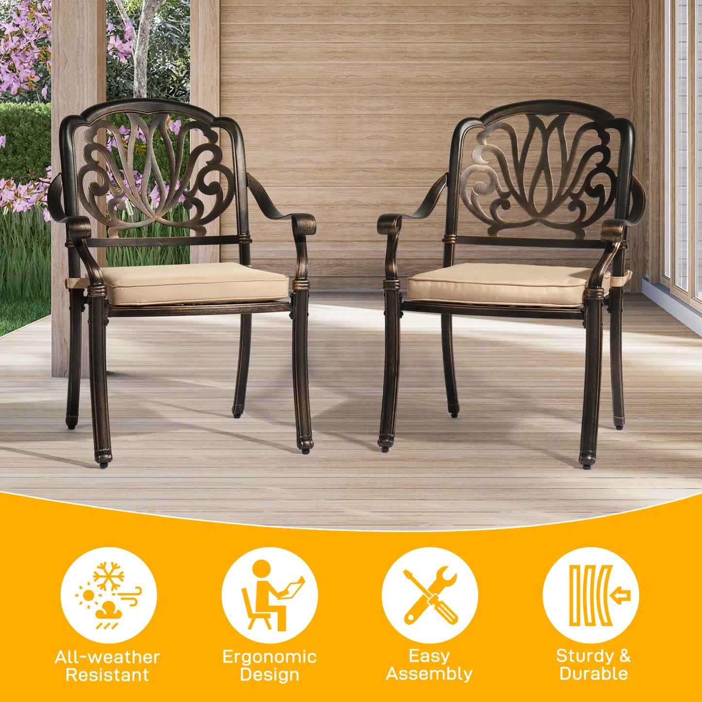Cast Aluminum Patio Dining Chairs With Cushions, Stackable Outdoor Bistro