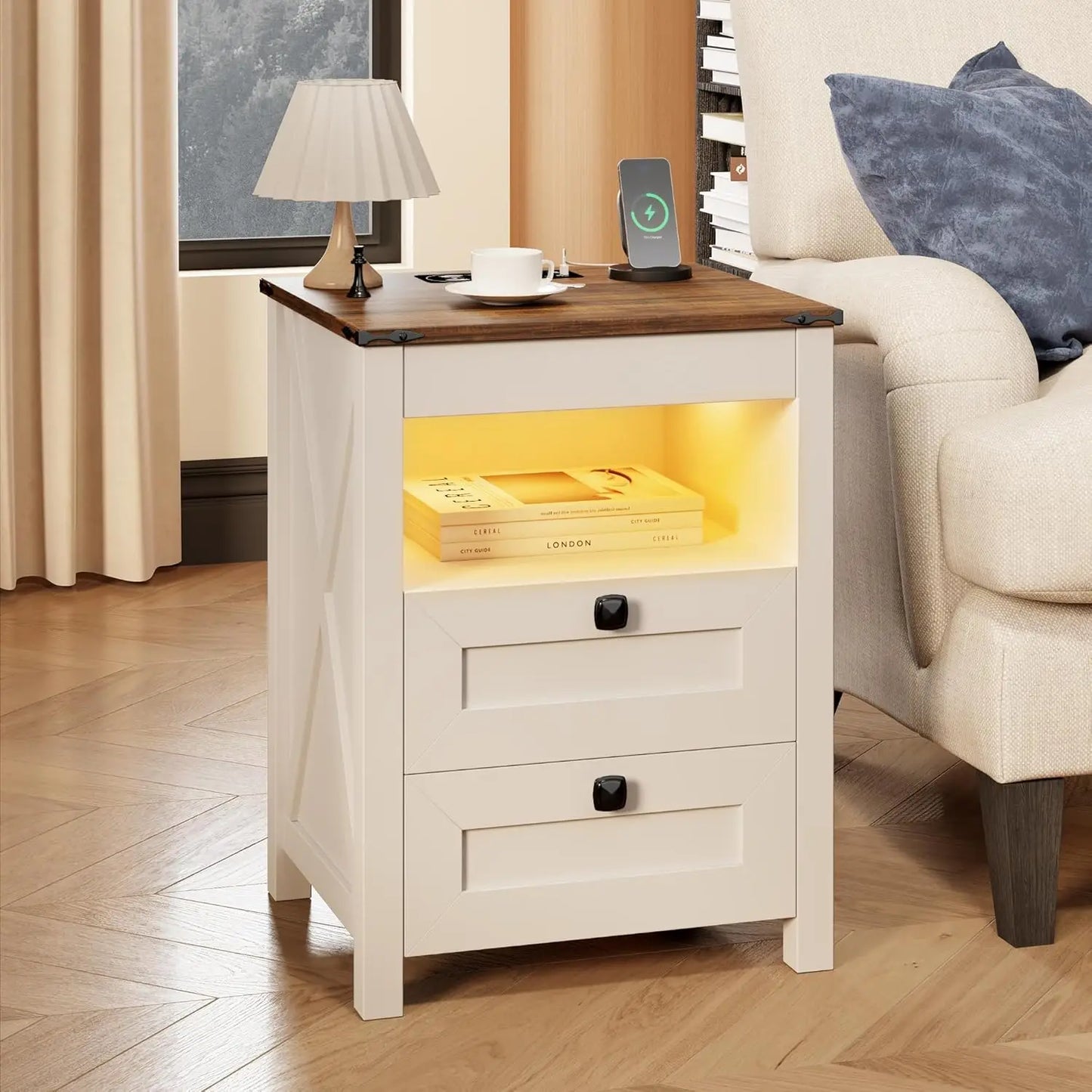 LED Nightstand with Gun Drawer: Bedside Table with Charging Station for Bedroom Furniture – Farmhouse Night Stand, Customized