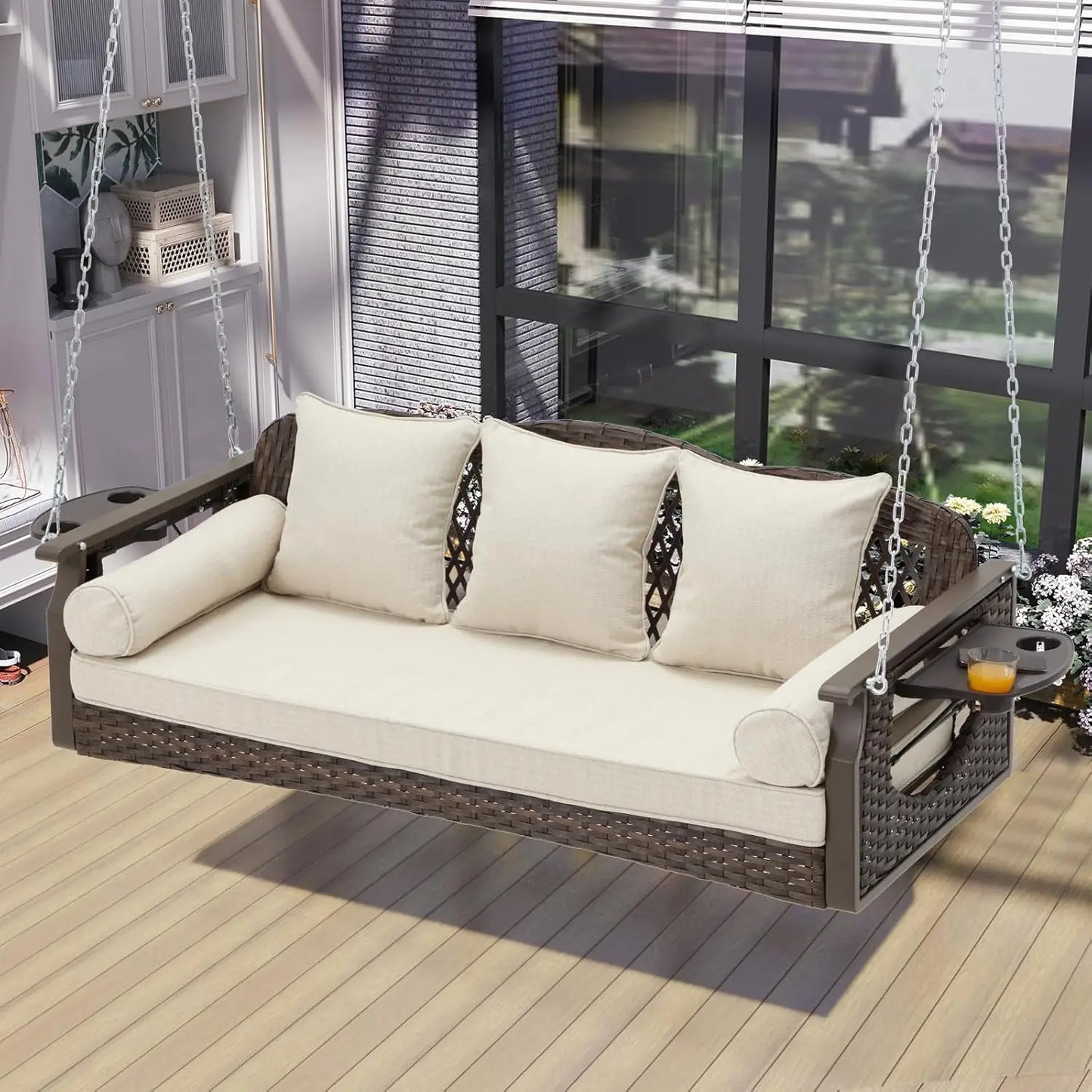Three Seat Porch Swing With Cup Holders And Cushions