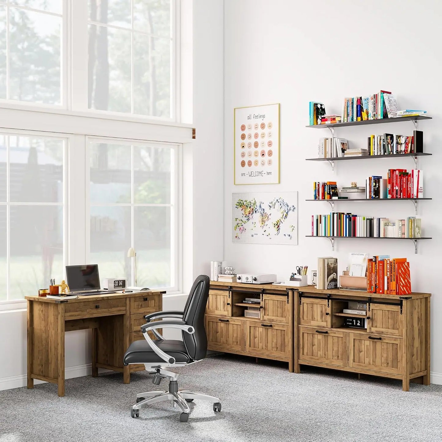 NONEDesk Executive Desk with File Cabinets and USB Charging Station