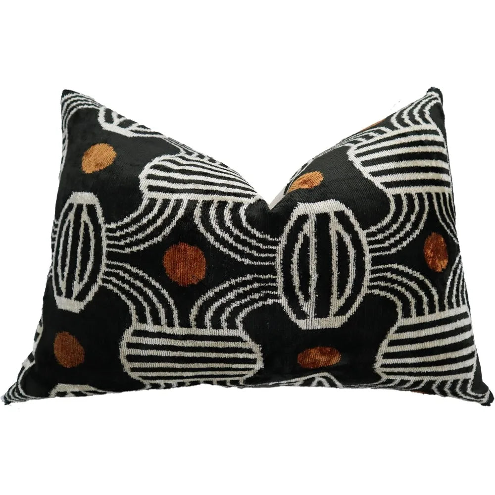 Geometric Stripe Velvet Pillow - 16x24, Luxurious Down Feather, Vibrant Orange Accents