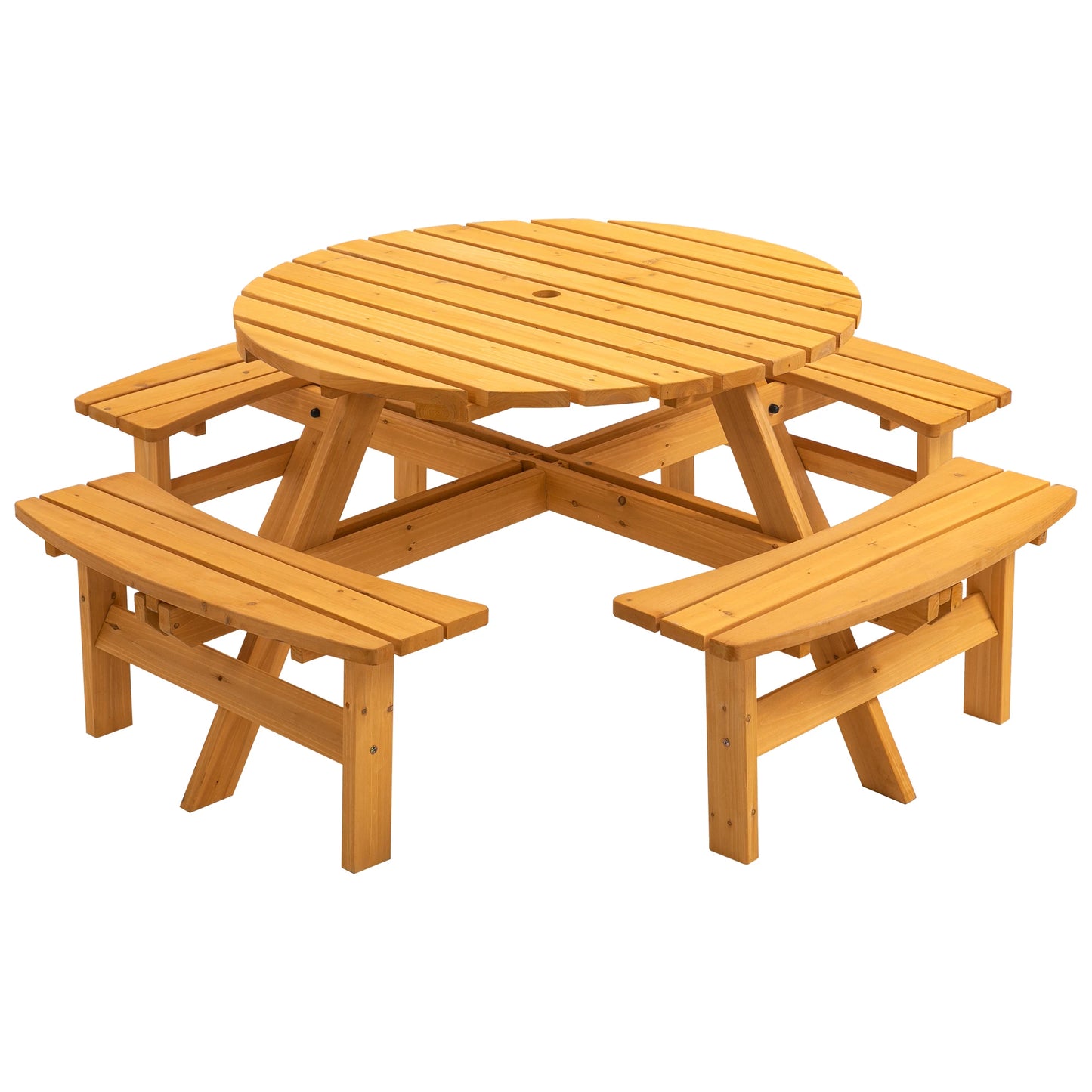 Solid Wood Round Outdoor Picnic Table Set with 4 Benches, Weather Resistant Patio Dining Furniture with Umbrella Hole for Garden Backyard Lawn BBQ Party