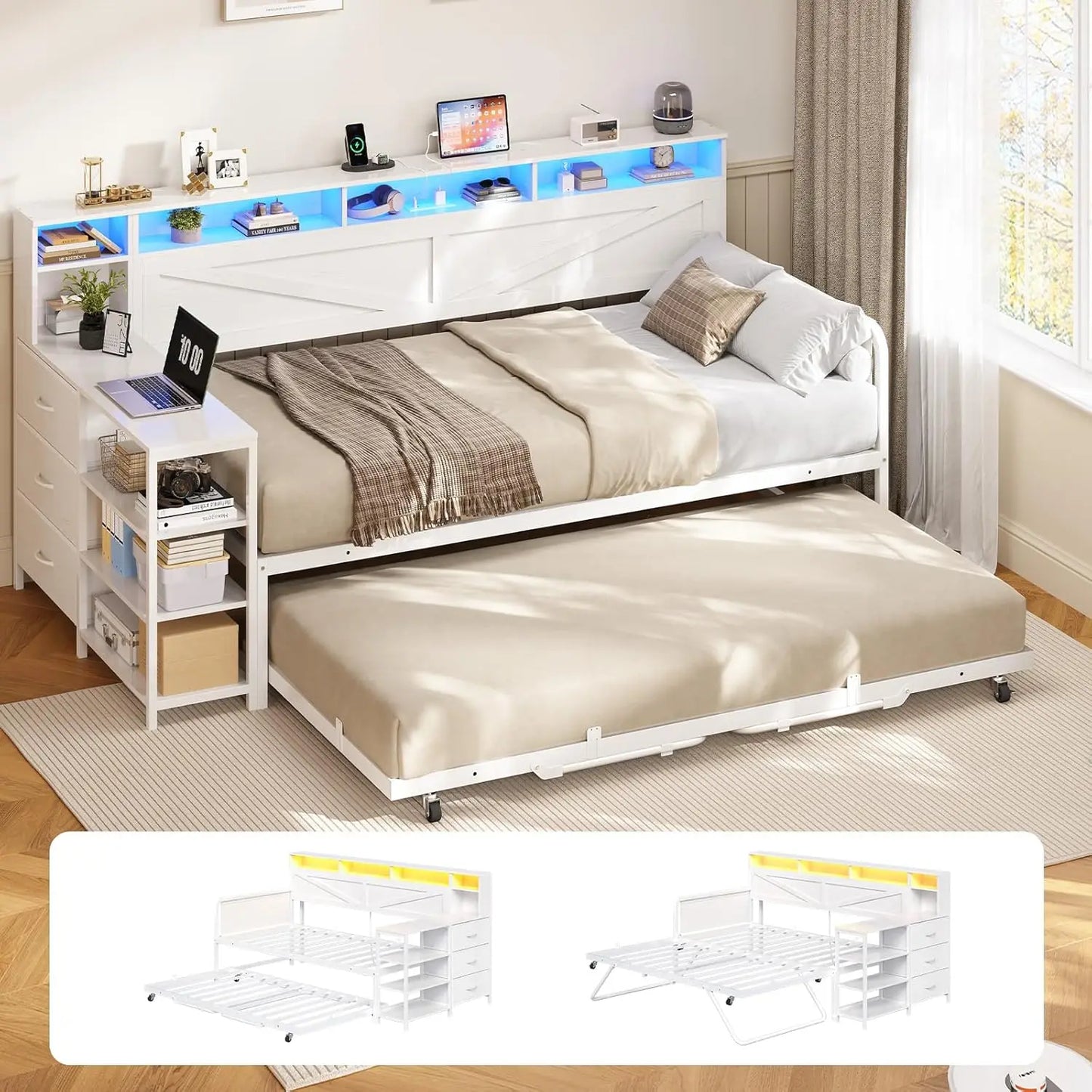 BIANXIANG Daybed With Trundle And Storage Drawers Farmhouse Wood