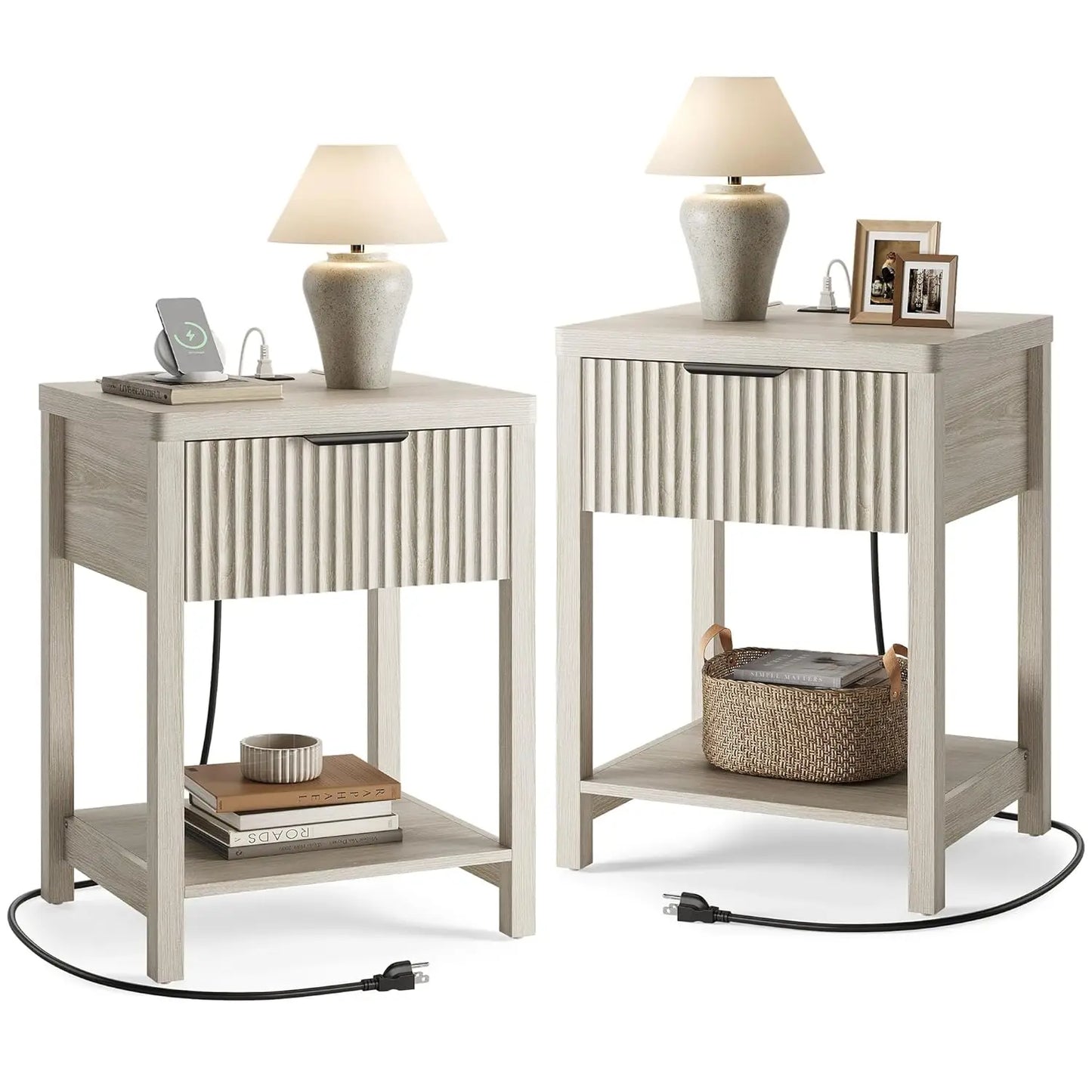 Night Stand Set 2, Fluted Nightstand with Charging Station, Wood Modern Bedside End Table with Storage Drawer for, Customized