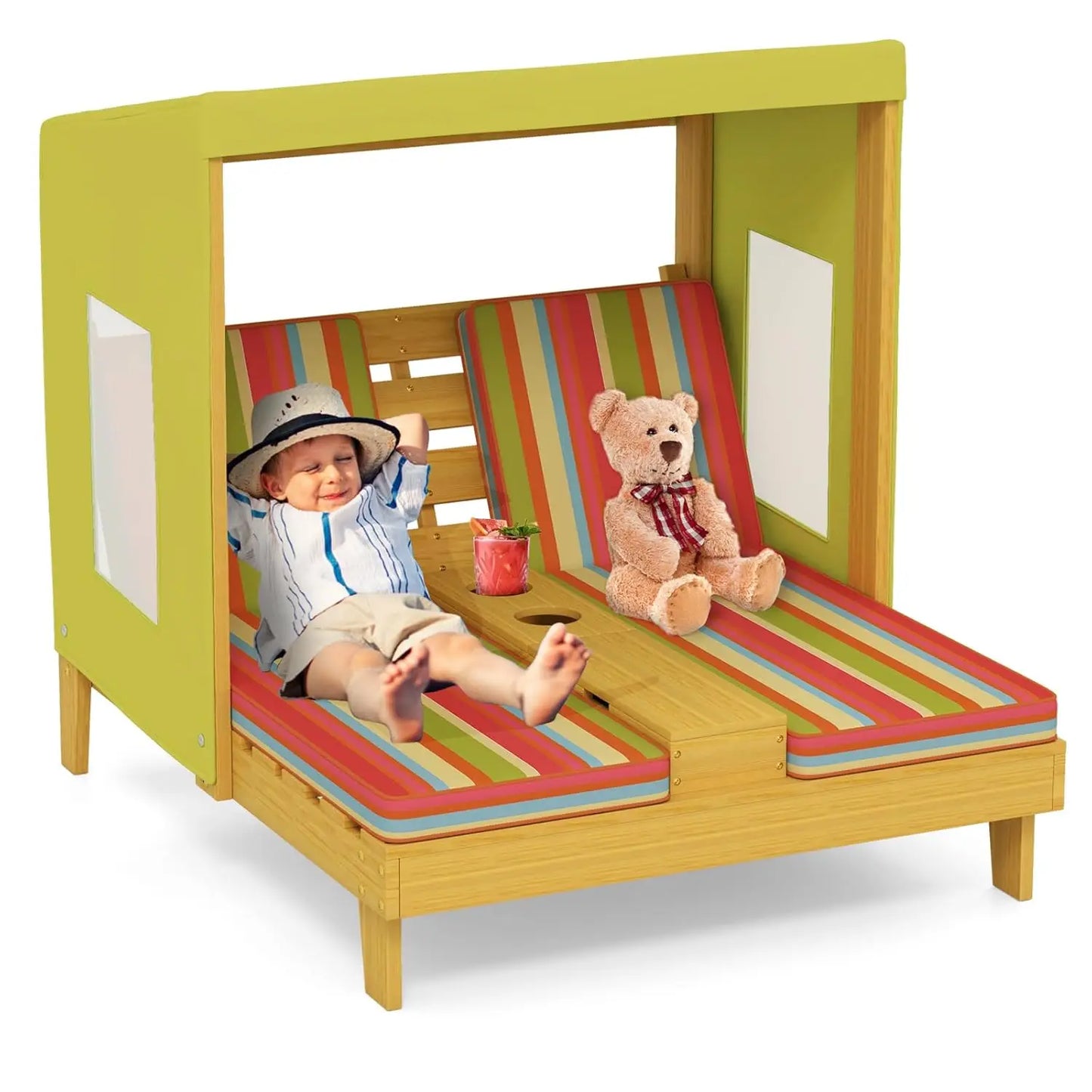 Wood Double Chaise Canopy Cup Holder Chair For Kids