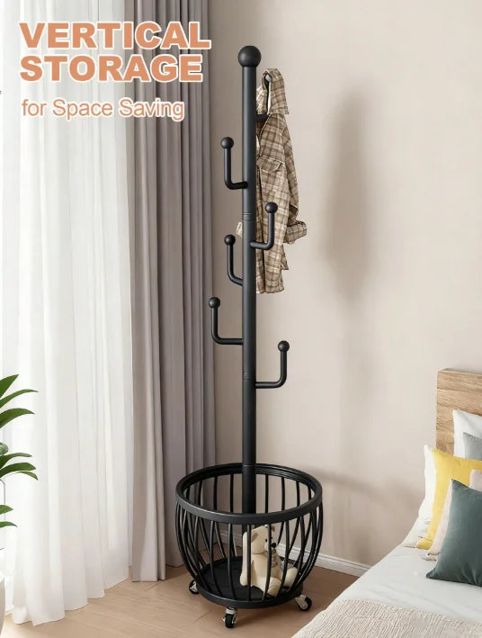 Tree Coat Rack Stand With Clothes Basket, Sturdy Freestanding Coat Rack, Purse Rack Hat Rack Stand, Clothes Rack With Metal Frame, Bedroom Storage Organizeration, Home Decor, Morden Style, Coat Stand Fits Entryway Bedroom Off