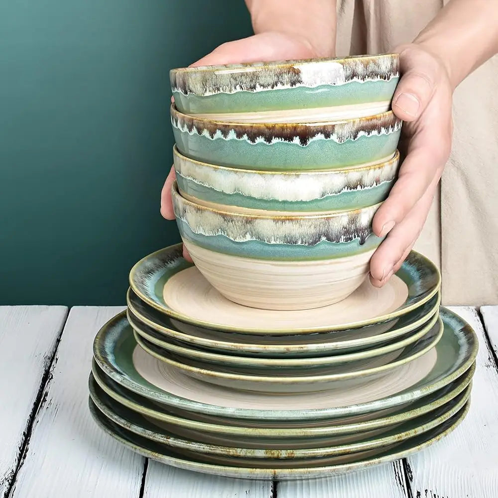 BONJEAN Stoneware Dinnerware Set For Four, 12 Pieces, Reactive Glaze