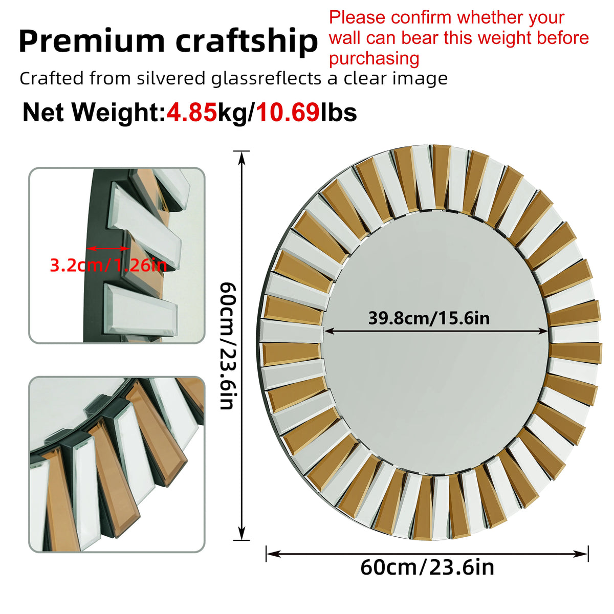 Round Starburst Decorative Wall Mirror for Living Room Bedroom Accent Decor