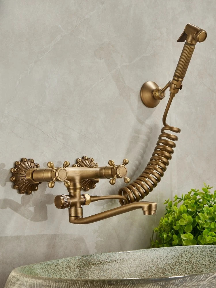 Brass Antique Wall Mounted Washbasin Faucets Double Handle Double Hole Rotatable Wall Mounted Retro Hot and Cold Faucet
