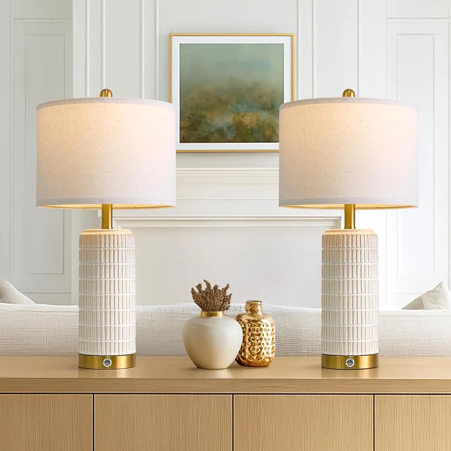 Modern Ceramic Touch Table Lamp with USB A+C Ports, Dimmable Nightstand Light for Bedroom Living Room Office