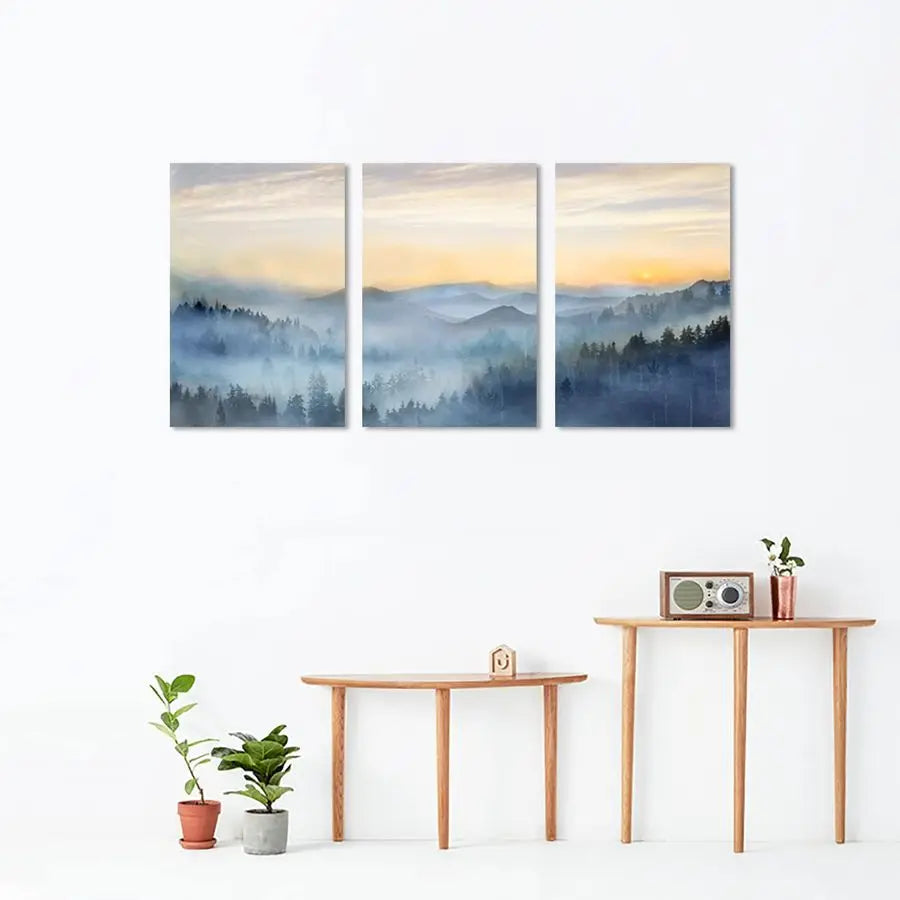 Sunrise Misty Forest 3 Panel Wall Art Canvas Decor