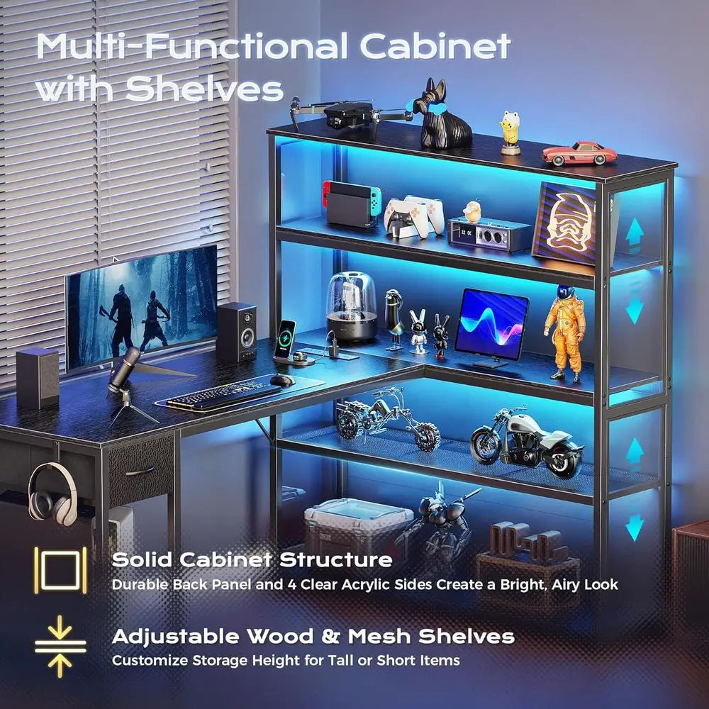 57 Inch L Shaped Gaming Computer Desk with Larger Open Cabinet, Reverisble Oice Desk with Power Outlets, LED Lights, Work Desk,