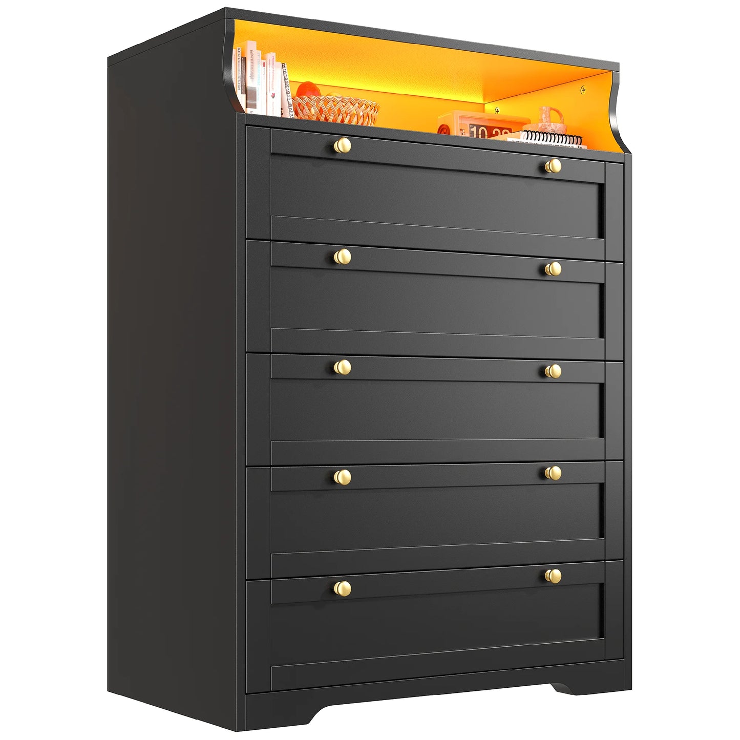 5 Drawer Dresser With LED Lights And Shelves For Bedroom