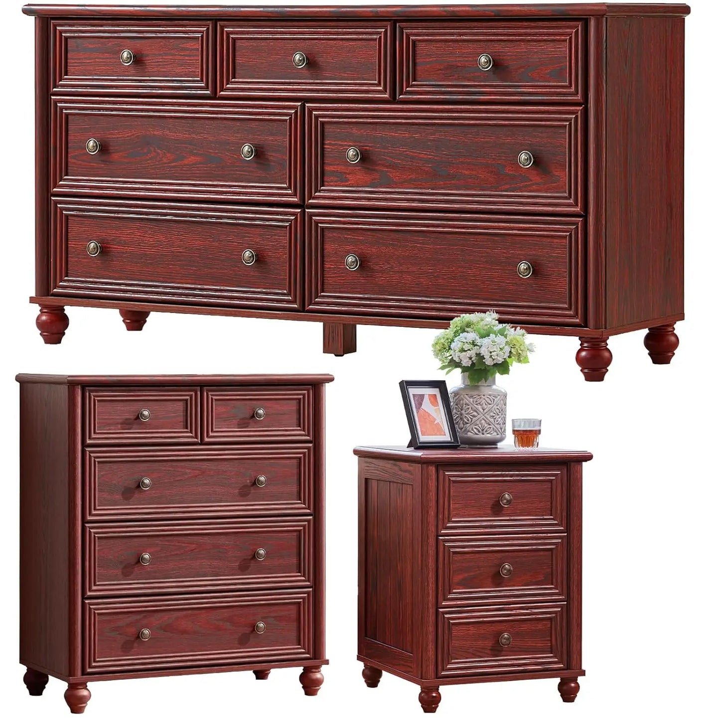 Farmhouse Dressers & Night Stand Set of 3, Wood 54" Wide 7 Drawer Dresser & 35.5"Tall Chest of Drawers, 18" with, Customized