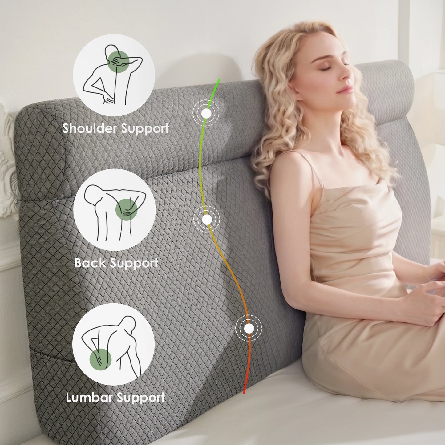 Headboard Pillow for Sitting in Bed with Neck Roll, Reading Pillow with Side Pocket, Back Support Cushion for Bed