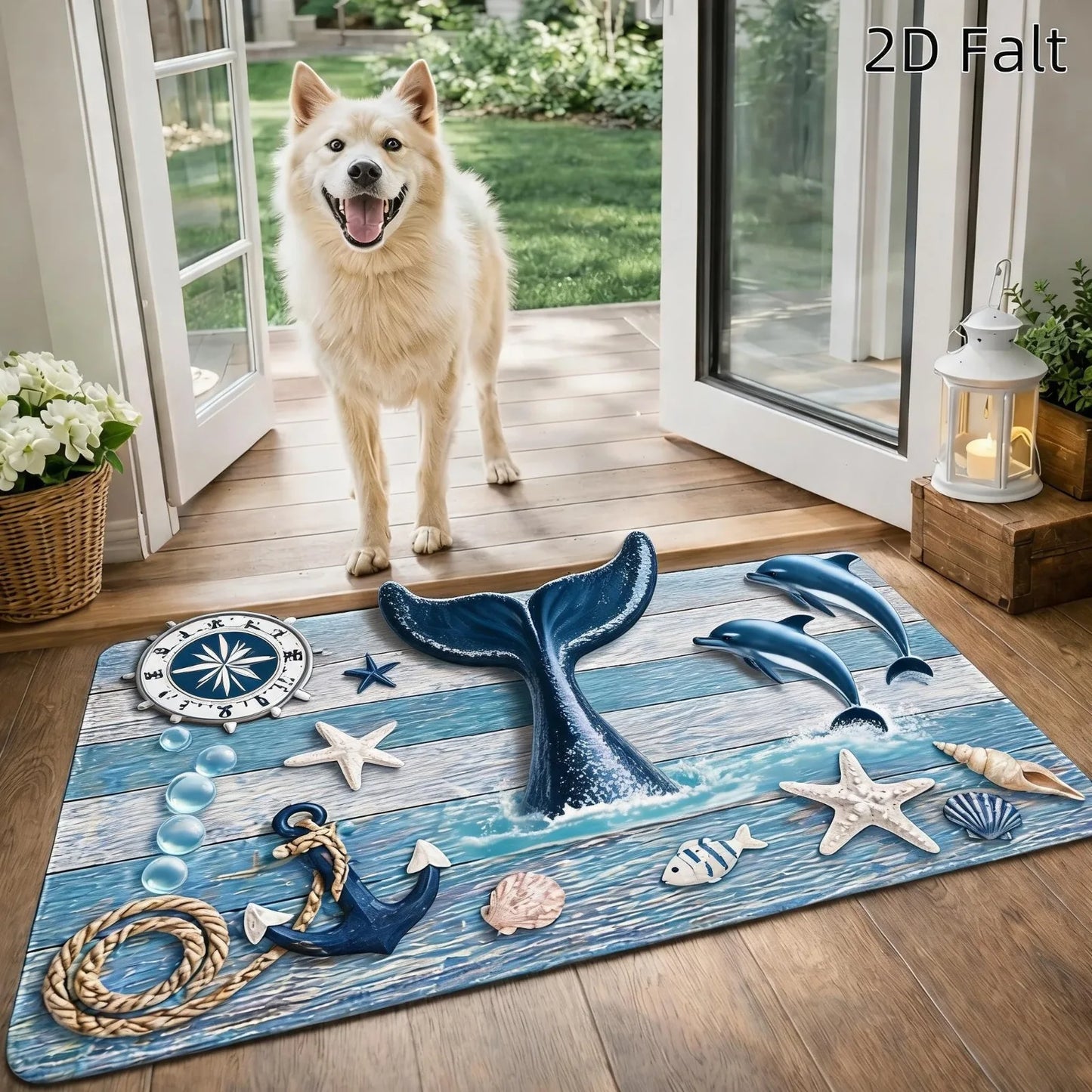 1pc Flat Printing Flannel Material Door Mat, Ocean Style Lighthouse Anchor Starfish Floor Mat, Durable and, Machine Washable, Universal Entrance Doormat Kitchen Foot Mat, for Living Room Bedroom Office Bathroom Balcony Hallwa