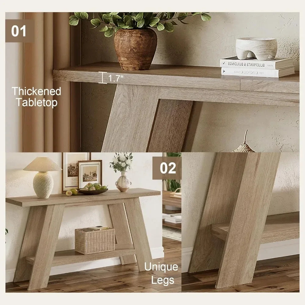 Farmhouse Console Table For Entryway With Two-Tier Wood Shelf