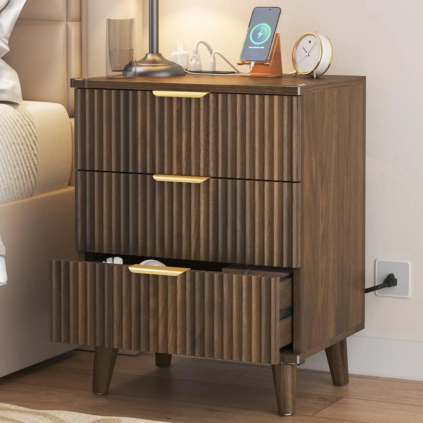 Wood 3 Drawer Dresser Nightstand With Charging Station