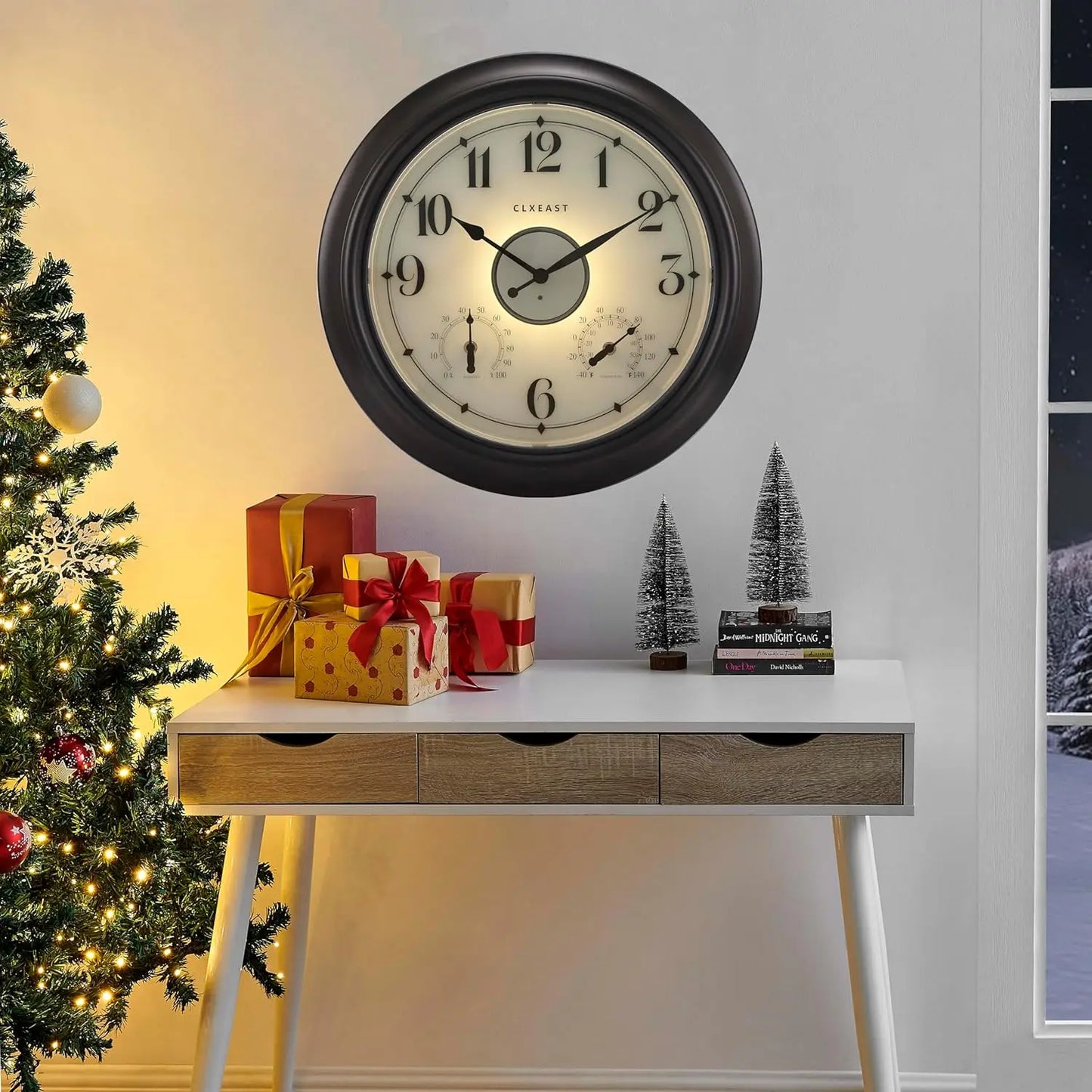 Illuminated Indoor Outdoor Clock With Thermometer Hygrometer Night Light Sensor