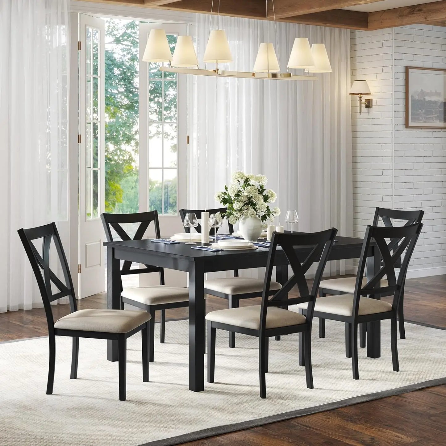 7-Piece Farmhouse Solid Wood Dining Set With Upholstered Chairs
