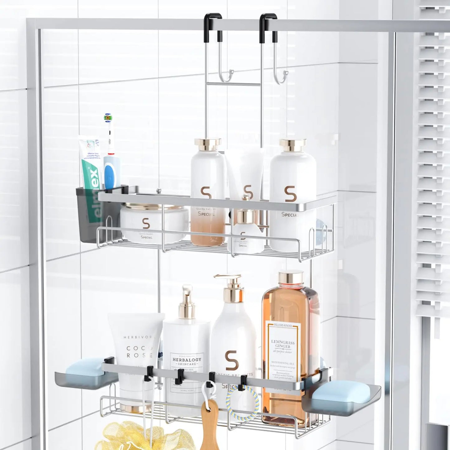Shower Caddy Adhesive, No Drill Bathroom Shower Organizers, with Removable Hooks, Rust Proof Shower Shelves, Wall-Mounted Shower Holder