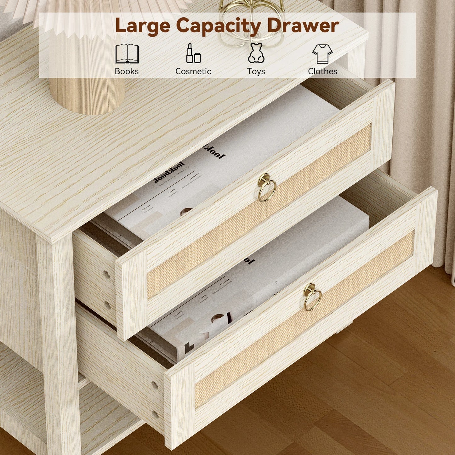 Large Modern Nightstand with Drawer Storage 22.8Inch Wide Fluted Bedside Table End Table for Bedroom