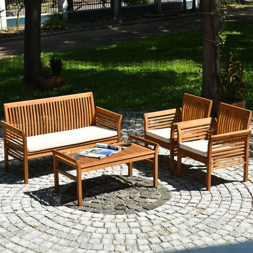 Acacia Wood Outdoor Sofa Set With Cushioned Chairs And Table