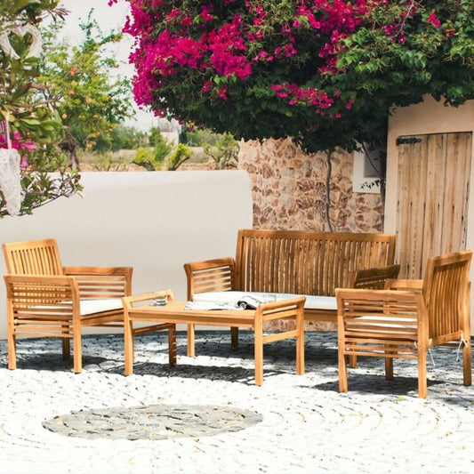 Acacia Wood Outdoor Sofa Set With Cushioned Chairs And Table