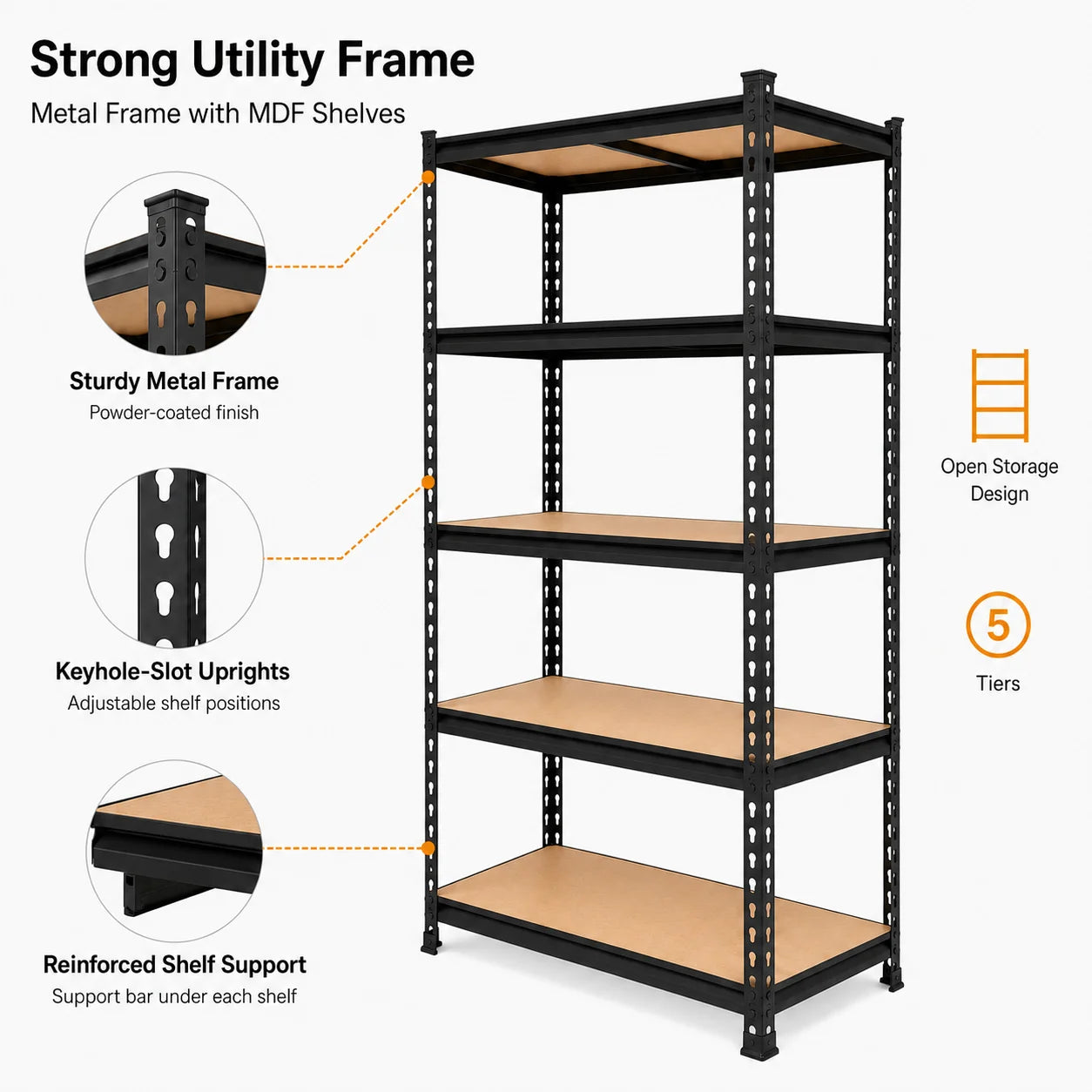 Heavy Duty 5-Tier Metal Shelving Unit with MDF Shelves, Adjustable Boltless Storage Rack Utility Organizer for Garage Basement Pantry