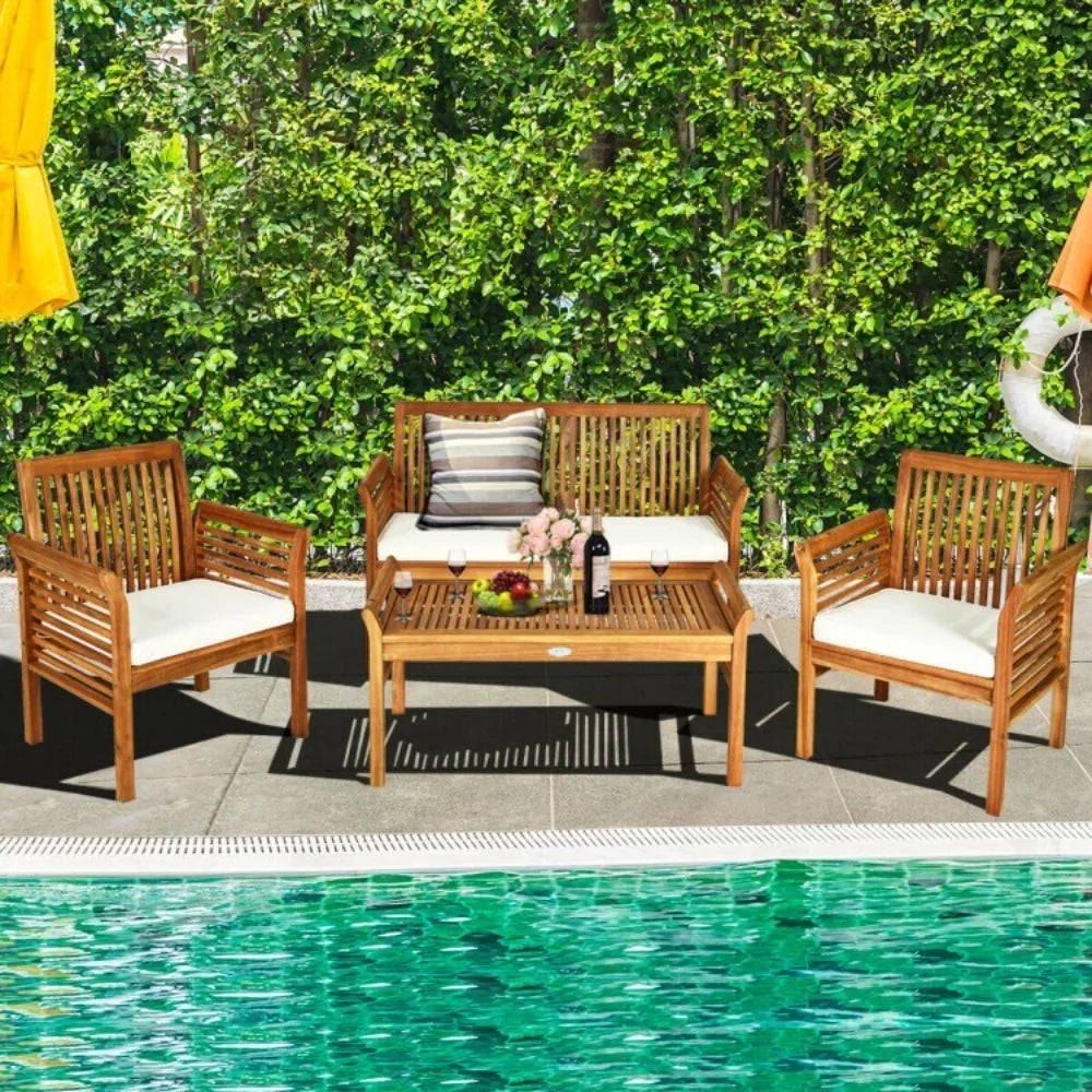 Acacia Wood Outdoor Sofa Set With Cushioned Chairs And Table