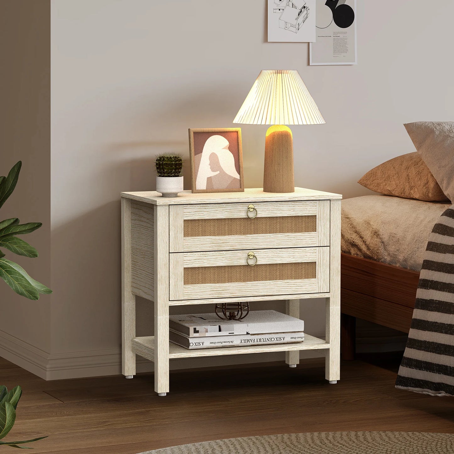 Large Modern Nightstand with Drawer Storage 22.8Inch Wide Fluted Bedside Table End Table for Bedroom