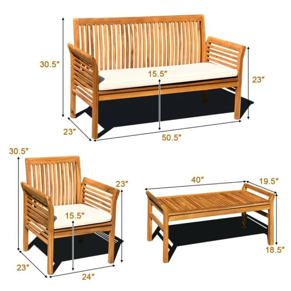 Acacia Wood Outdoor Sofa Set With Cushioned Chairs And Table