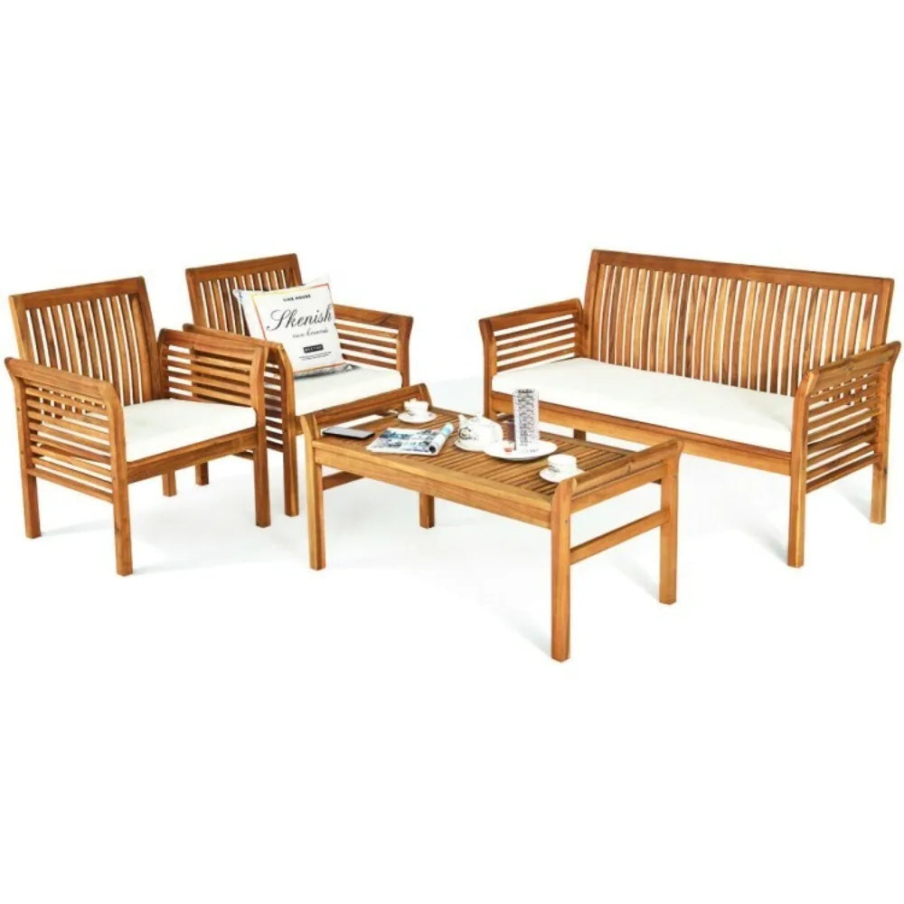 Acacia Wood Outdoor Sofa Set With Cushioned Chairs And Table