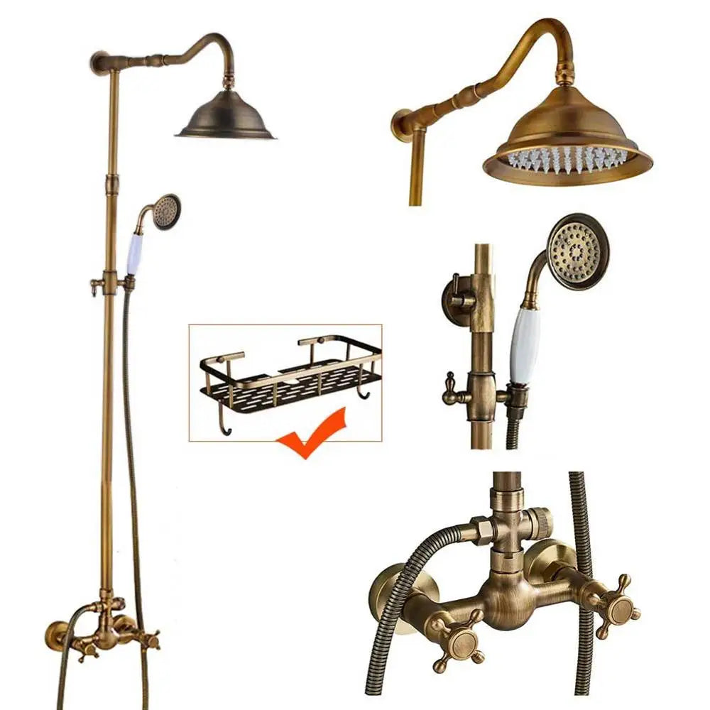 Rozin Antique Brass In Wall Shower Faucet Set With Hand Shower Dual Handle